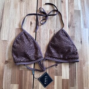 Zaful Mauve Brown Crochet Lace Triangle Bikini Top Halter Swimwear Women 2XL NEW